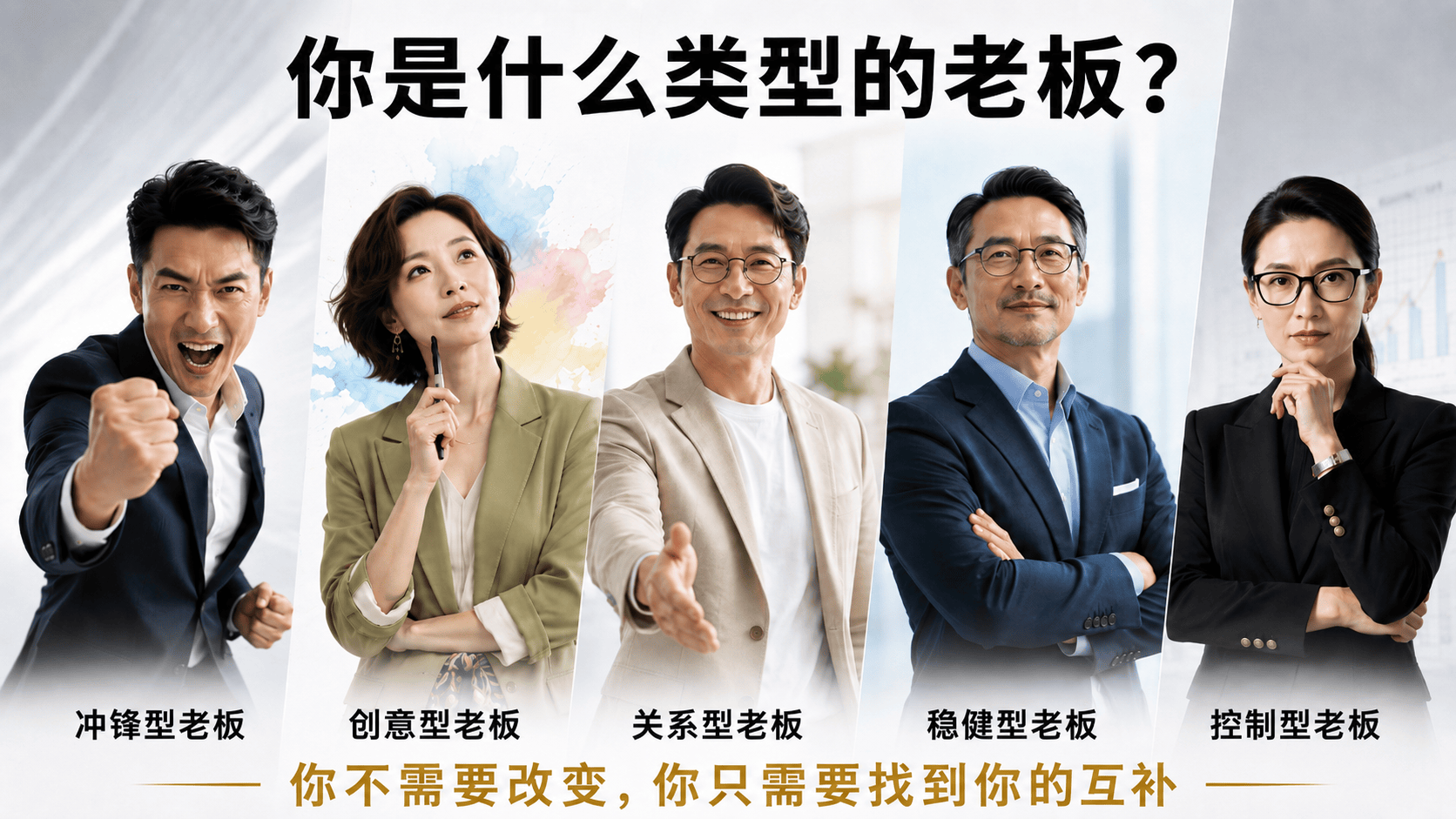 五种老板类型示意图，展示冲锋型、创意型、关系型、稳健型和控制型老板的不同经营风格